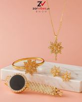 Luxury Gold Plated Floral Jewelry Set with Watch, Bracelet, Necklace, Earrings & Ring – Premium Crystal Studded Women’s Gift Set