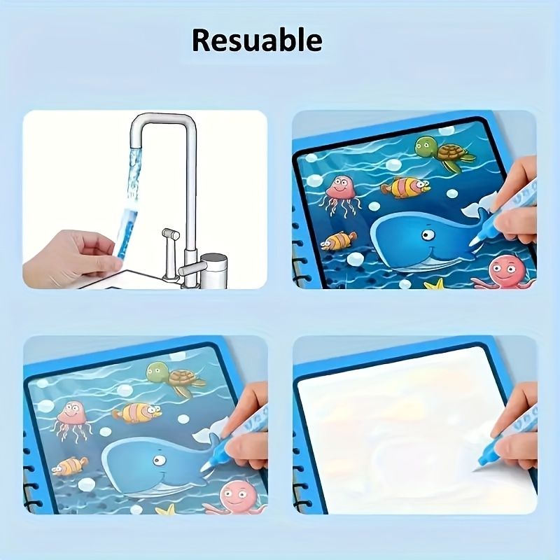 Magic Water Painting Book Reusable for Kids – Mess-Free Drawing & Coloring Book with Water Pen
