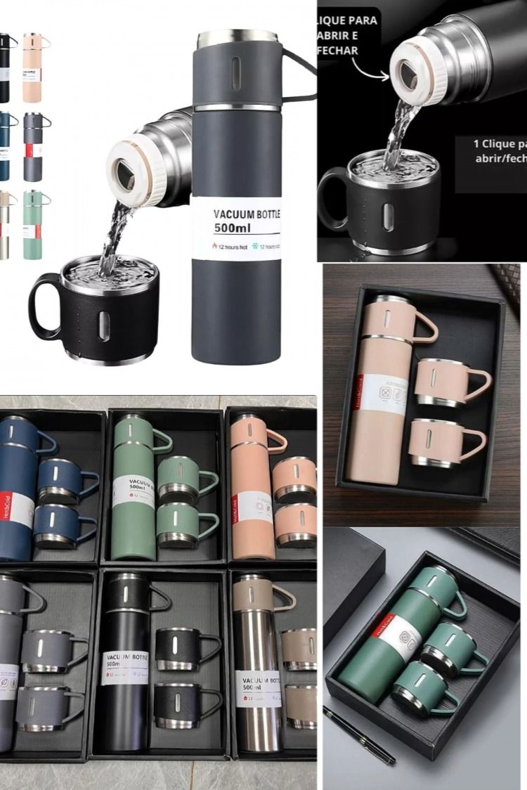 500ml Stainless Steel Vacuum Flask Set with 3 Cups – Portable Hot & Cold Thermos Bottle Gift Set