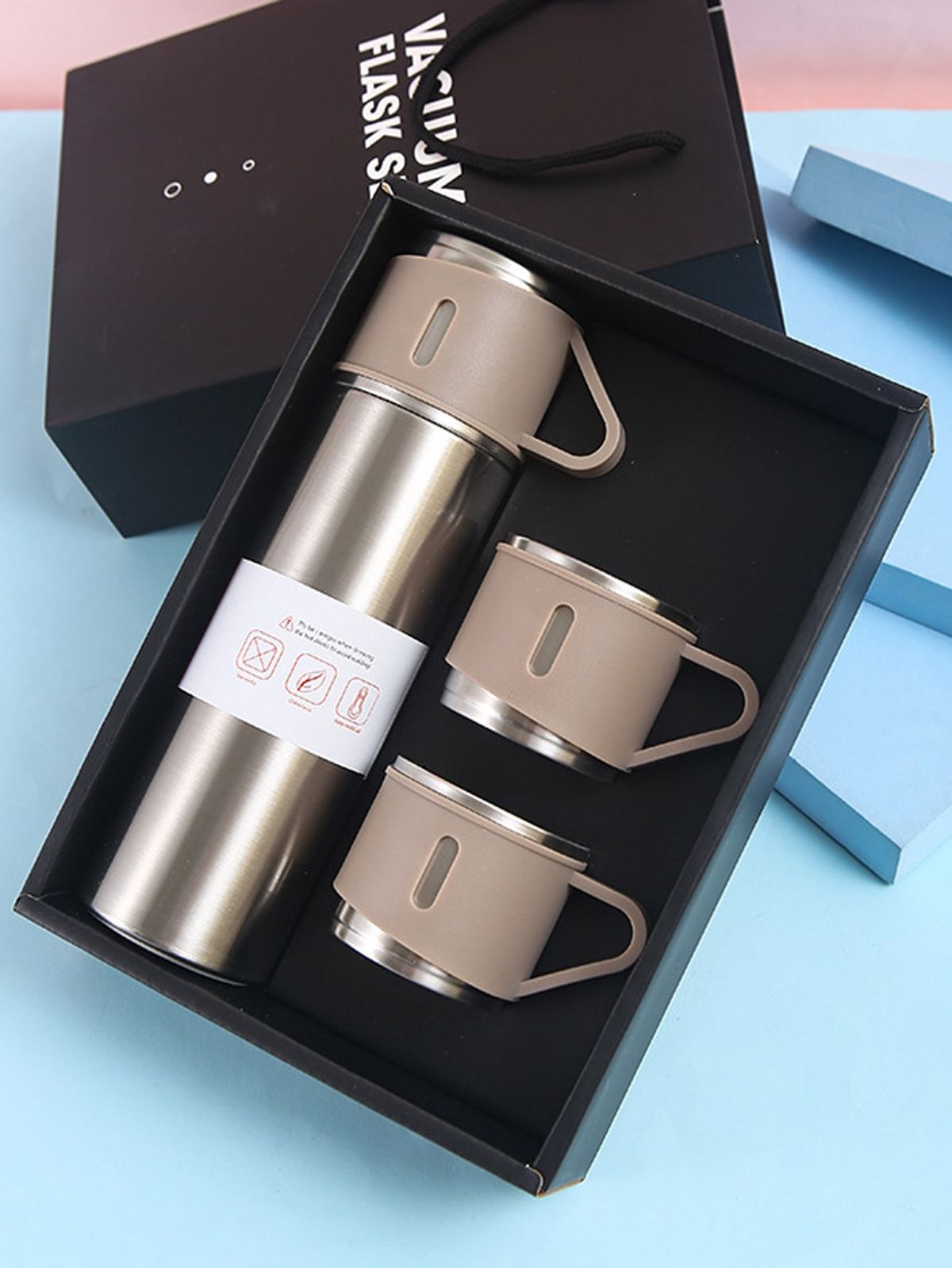 500ml Stainless Steel Vacuum Flask Set with 3 Cups – Portable Hot & Cold Thermos Bottle Gift Set