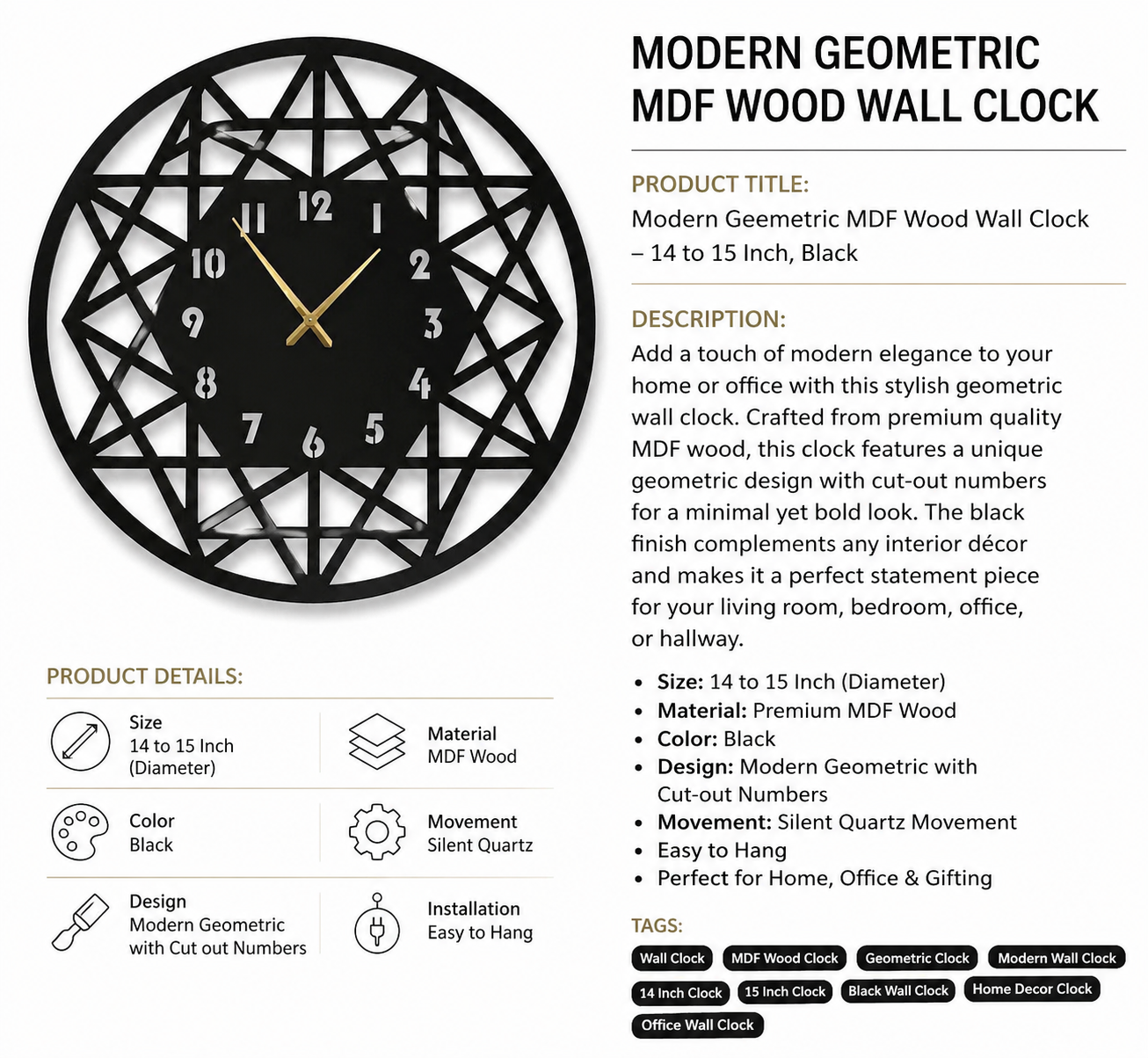 Elegant Wooden Wall Clock – Modern Design MDF Clock for Living Room