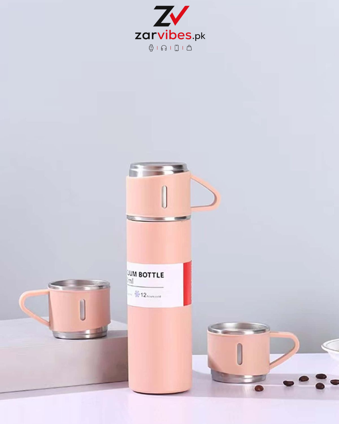 500ml Stainless Steel Vacuum Flask Set with 3 Cups – Portable Hot & Cold Thermos Bottle Gift Set