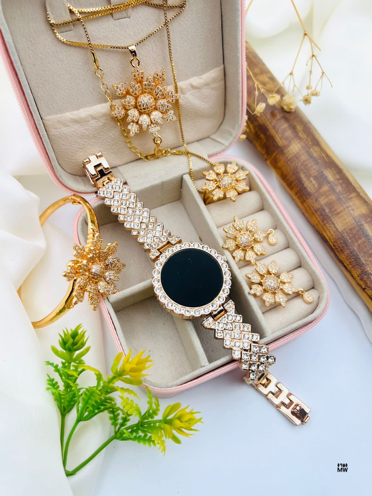 Luxury Gold Plated Floral Jewelry Set with Watch, Bracelet, Necklace, Earrings & Ring – Premium Crystal Studded Women’s Gift Set