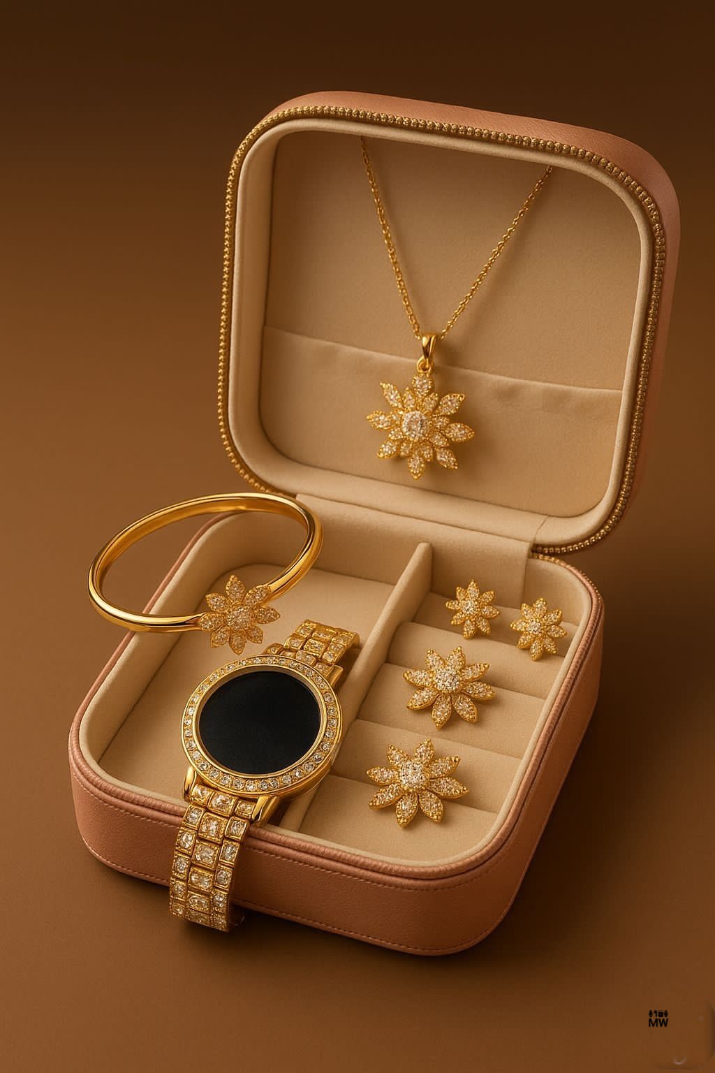 Luxury Gold Plated Floral Jewelry Set with Watch, Bracelet, Necklace, Earrings & Ring – Premium Crystal Studded Women’s Gift Set