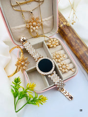 Luxury Gold Plated Floral Jewelry Set with Watch, Bracelet, Necklace, Earrings & Ring – Premium Crystal Studded Women’s Gift Set