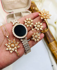 Luxury Gold Plated Floral Jewelry Set with Watch, Bracelet, Necklace, Earrings & Ring – Premium Crystal Studded Women’s Gift Set