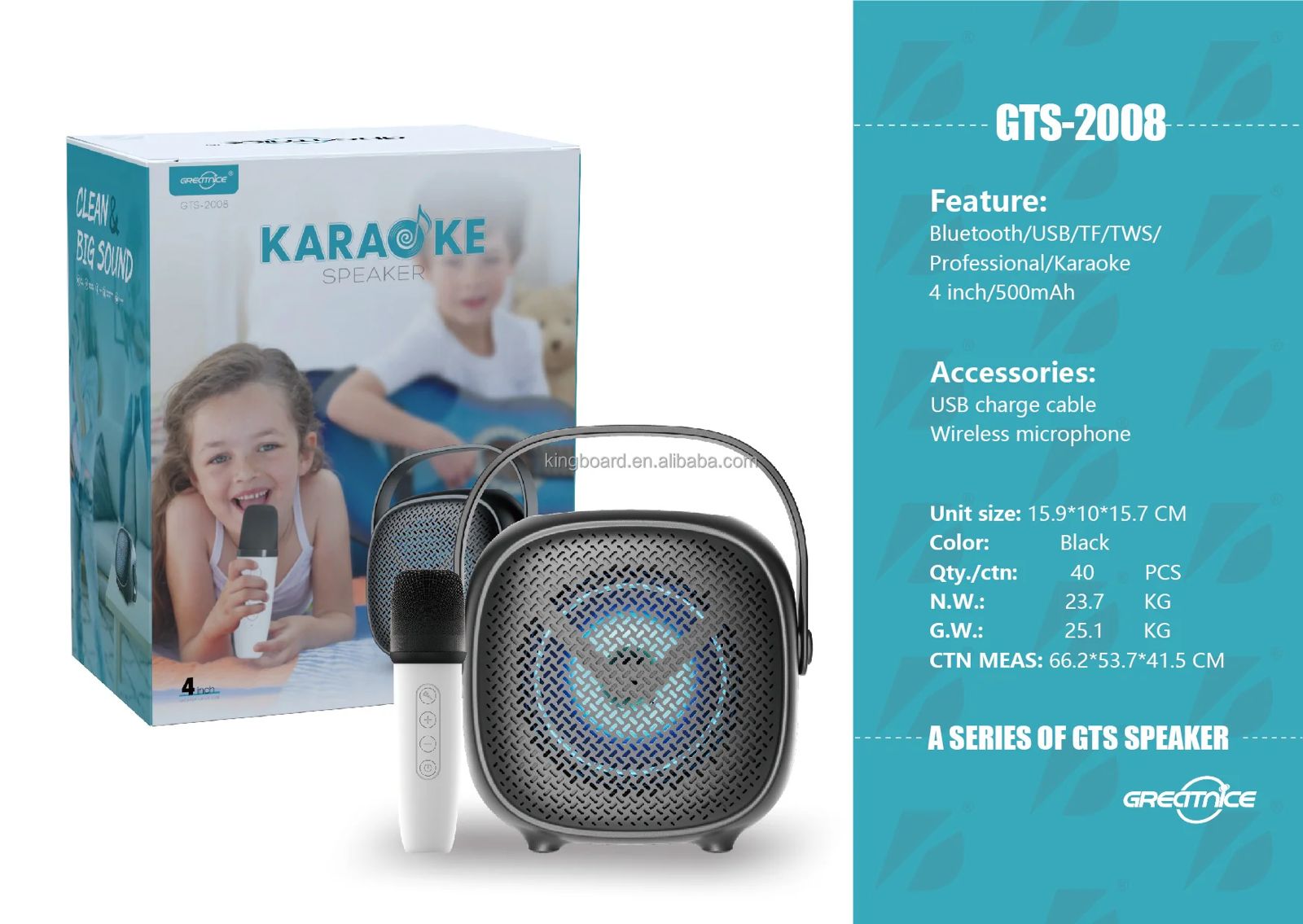 GTS-2008 Karaoke Speaker with Wireless Mic – RGB Portable Bluetooth Speaker | 4” Loud Sound, Voice Changer, Rechargeable Multipurpose Audio System