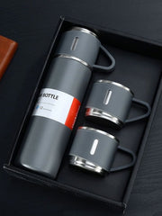 500ml Stainless Steel Vacuum Flask Set with 3 Cups – Portable Hot & Cold Thermos Bottle Gift Set