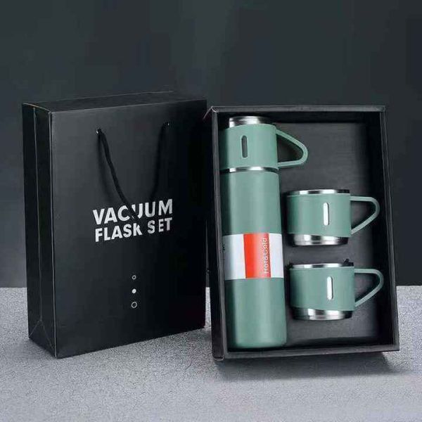 500ml Stainless Steel Vacuum Flask Set with 3 Cups – Portable Hot & Cold Thermos Bottle Gift Set